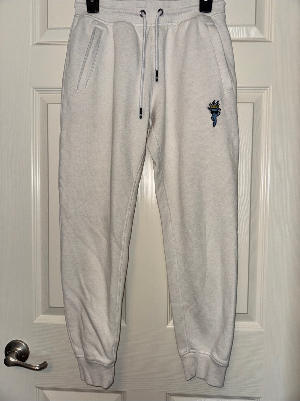 Men's White Fleece Joggers with Contrast Embroidered Motif